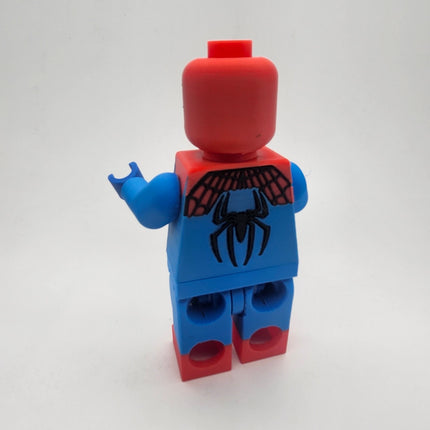 Rear view of oversized Spider-Man inspired brick figure with spider emblem