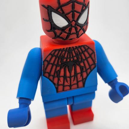 Close-up front web and spider detailing on oversized Spider-Man inspired brick figure